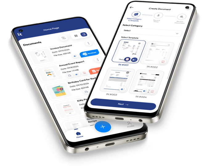 Recordo-App auf zwei Smartphones mit Dokumenten, Rechnungen und Berichten